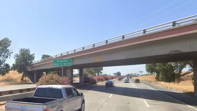 Google street view of American Avenue overpass over Highway 99 in Fresno, California.