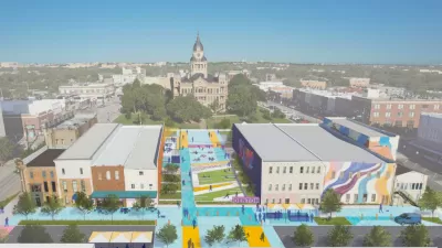 Rendering of redeveloped public square in Denton, Texas with new pedestrian and public infrastructure and historic courthouse in background.