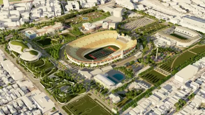 Rendering of aerial view of expanded Exposition Park in central Los Angeles with multiple sports stadiums and park facilities.