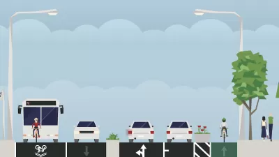 Graphic illustrating street with various lanes designed in Streetmix.
