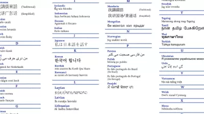 List of various international languages with text in English and original language.