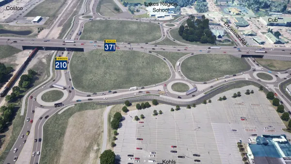 Rendering of new roundabouts at highway intersection in Baxter, Minnesota surrounded by Costco and other large stores.