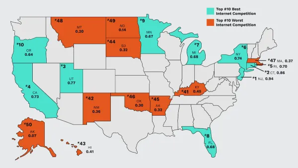 Map of 10 best and worst states for internet provider competition.