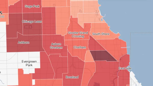 Color-coded map in shades of red of Chicago neighborhoods based on lead water lines.