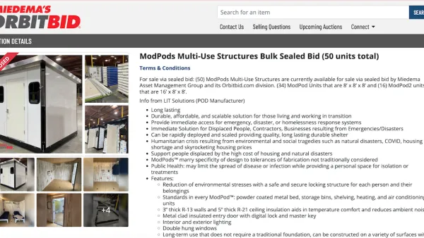 Screenshot of website advertising 50 micro-housing modular units on auction.