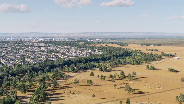 Rendering of homes next to open field for California Forever expansion proposal in Suisun City, California.