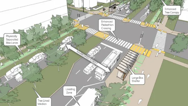 Rendering of redesigned 6th Street in Milwaukee with added bike lanes, pedestrian infrastructure, and landscaping.