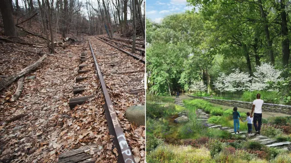 Side by side image of abandoned railroad track and same site transformed into walking trail.