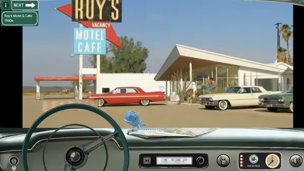 Screenshot of historic Route 66 Roy's Hotel in Amboy, California from Route 66 Rewind AI app.