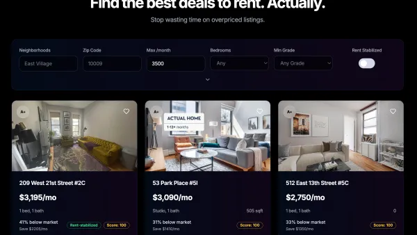 Screenshot of an affordable housing platform with black background and apartment listings