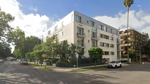 Google Maps street view of intersection and mid-rise apartment building in Westwood, Los Angeles, California.