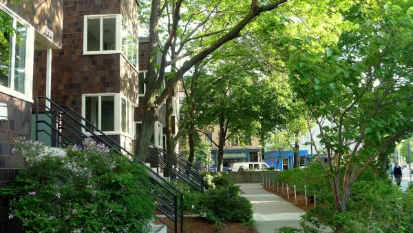 Two-story public housing building with dark red wood cladding on leafy street in Cambridge, Massachusetts.