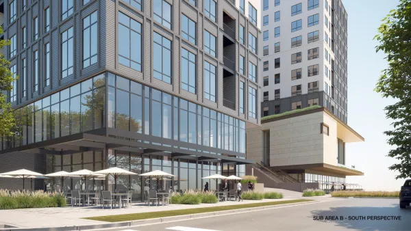 Rendering of multi-story mixed-use synagogue complex in Chicago.