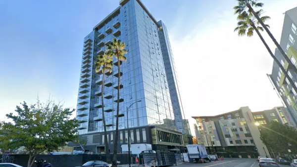 Modern glass high-rise apartment building in San Jose, California.