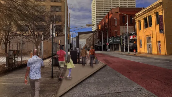 Rendering of BRT station with red painted bus lane in Atlanta, Georgia.