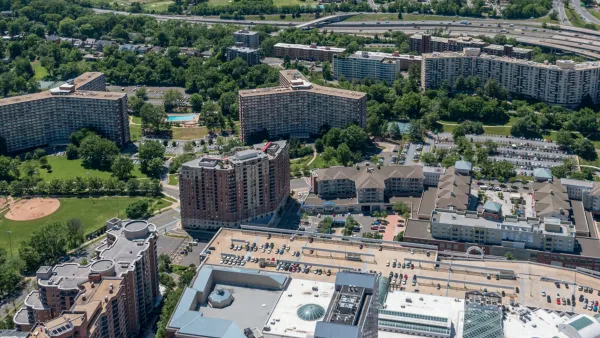 Aerial of RiverHouse development with multiple high-rise towers in Arlington, Virginia.