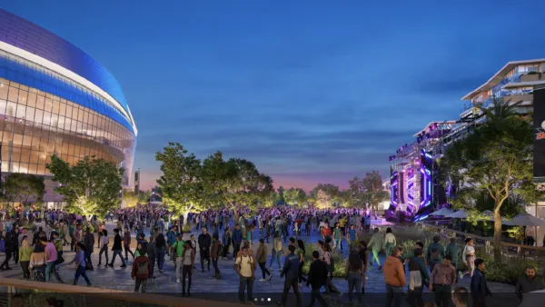 A rendering of the planned sports arena at Midway Rising. A crowd of people is pictured to the right of the arena. 