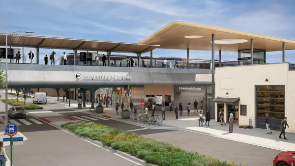 A rendering of one of the proposed stations. there are two roads separated by a grassy median in front of the tan station, and an elevated silver walkway leading people to the second floor.
