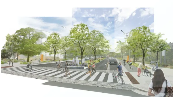 A draft rendering of Franklin street that shows a tree lined, two lane road with people crossing at a crosswalk.