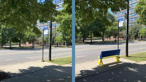 One side of the image shows a Chicago bus stop without a bench, the second image shows the bus stop with a yellow and blue bench.