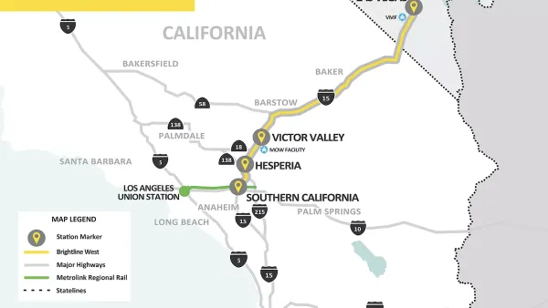 A map showing Brightline West's intended route from  Las Vegas to Rancho Cucamonga, California.
