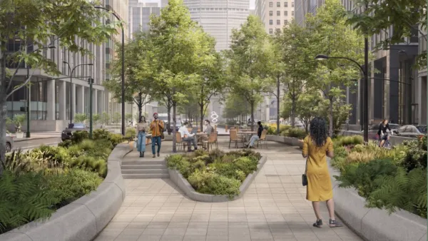 A rendering of the updated plan for Park Ave, which shows a grassy median with two sidewalks on either side, and streets on either side of the sidewalk.