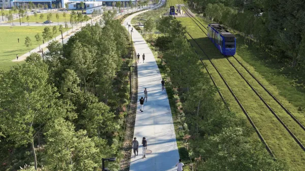 A rendering of the Beltline light rail, which goes through a forested area. People walk on a path next to it.
