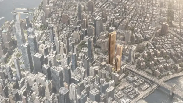 A rendering of the proposed building, which is tall and highlighted in yellow to stand out from the surrounding buildings.