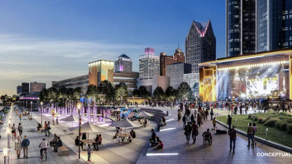 A rendering of the waterfront development, which shows a lit-up stage by the waterfront and people walking about.