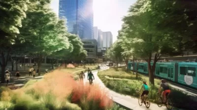 AI generated image of a greenway and transit corridor.