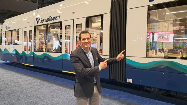 Tobias Bauer, Managing Director of Siemens Mobility North America in front of the company's Sound Transit new light rail vehicles.