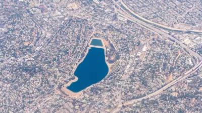 The Silver Lake Reservoir and surrounding neighborhoods in Los Angeles, as seen from high above