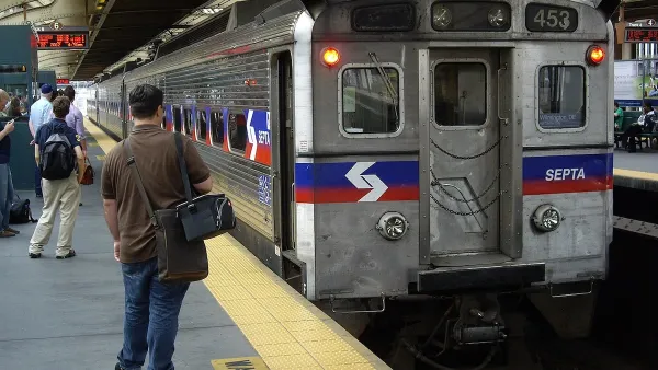 Silver SEPTA train at platform in Philadelphia, Pennsylvania.