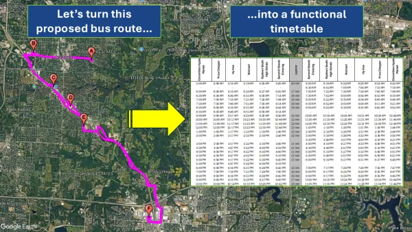 Chart of bus schedule overlaid on Google map of bus route.