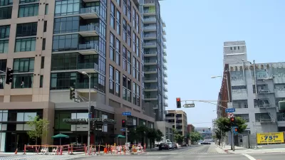 The gentrifying street-scape of the South Park neighborhood of downtown Los Angeles, California