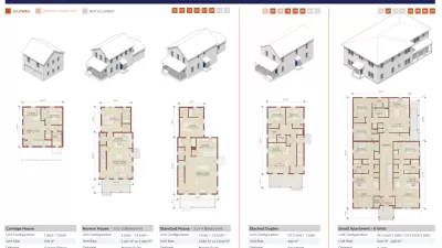 A series of diagrams shows a variety of housing types pre-approved for construction in South Bend, Indiana.