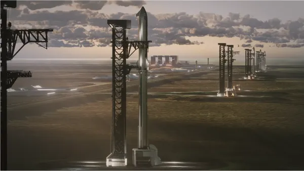 A rendering of SpaceX's Louisiana launch facility. The rendering shows a row of space shuttles preparing for launch.
