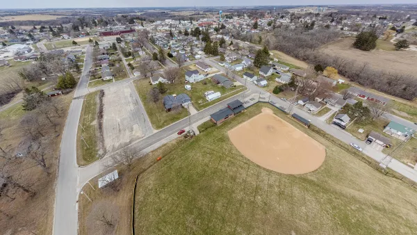 Aerial view of baseball diamond and homes in small town Spring Grove, Minnesota