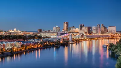 An image of St. Paul, Minnesota and the Mississippi River at nightfall.
