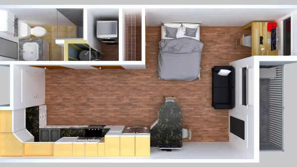 Bird's eye view of studio apartment design.