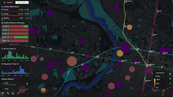 Screenshot of subway lines and travel demand nodes in Subway Builder video game.