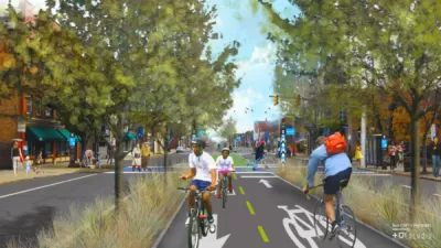 A conceptual rendering of the Superior Avenue Midway in Cleveland, showing people on bikes on a protected bike lane in the middle of a street.