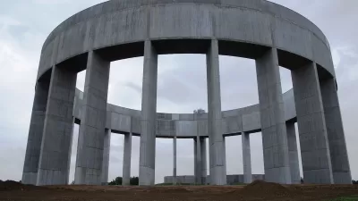 Circular concrete water tower in Helsingborg, Sweden.