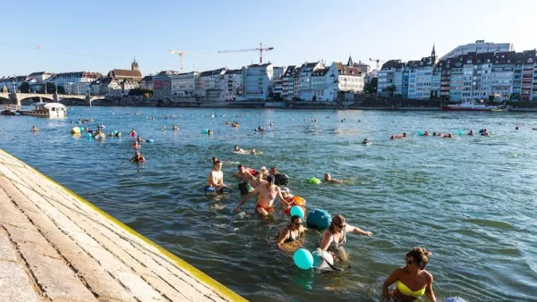 People swimming in Rhine River on a sunny day with low-rise, dense buildings along waterfront in background.