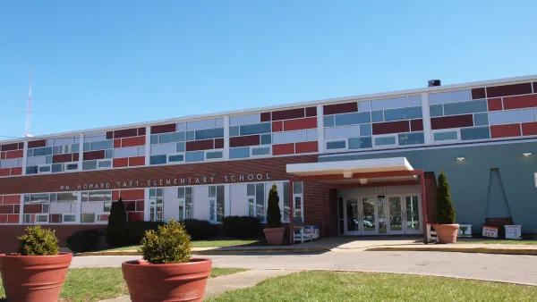 Color-blocked facade of elementary school in CIncinnati, Ohio.