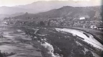 Black and white photo of Taylor Yard site in Los Angeles by the Los Angeles River in the 1890s.