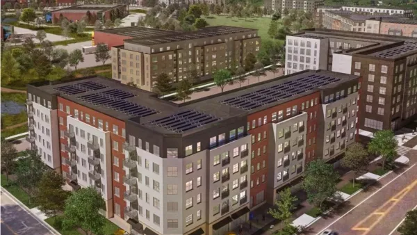 A conceptual rendering of a large development, with several buildings of about 7 or 8 stories high surrounding an open green space. 
