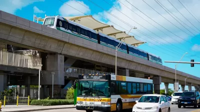 Skyline train on elevated rail in Honolulu, Hawaii.