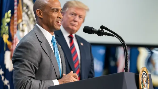 The U.S. Secretary of Housing and Urban Development Scott Turner and President Donald Trump at a press conference.