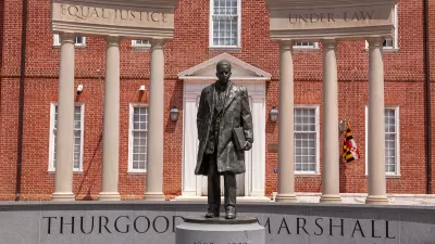 A statue of Thurgood Marshall in the lawyers mall in front of Maryland General Assembly and the Supreme Court.